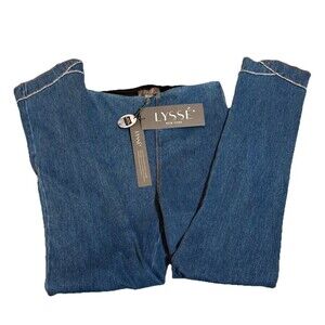 Lysse Knit Denim Leggings Size XS Womens Scallop Hem Crop Capri Mid Wash NWT WP3